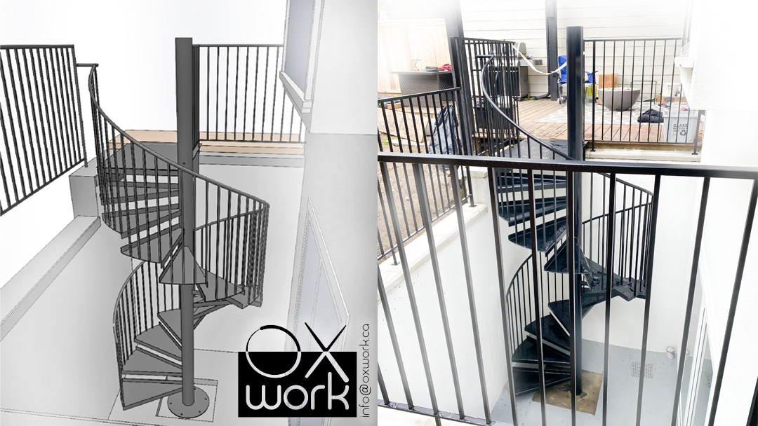 Steel spiral stairs - minimalistic design<br>Access to patio from basement room<br>Powdercoated steel for outside 
