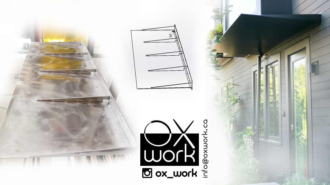 Custom made canopy sloped to house with gutter <br> Aluminium powdercoated canopy made of 3/8 aluminium sheet <br> Plasma cut parts and water tight welded with gutter between windows