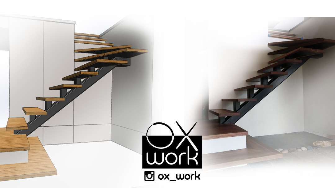 House renovation in Port Moody<br>Steel central tubing with steel supports routered into wood steps<br>No visible welds<br>Painted steel